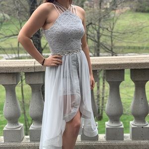 Silver gray prom dress with tulle and lace